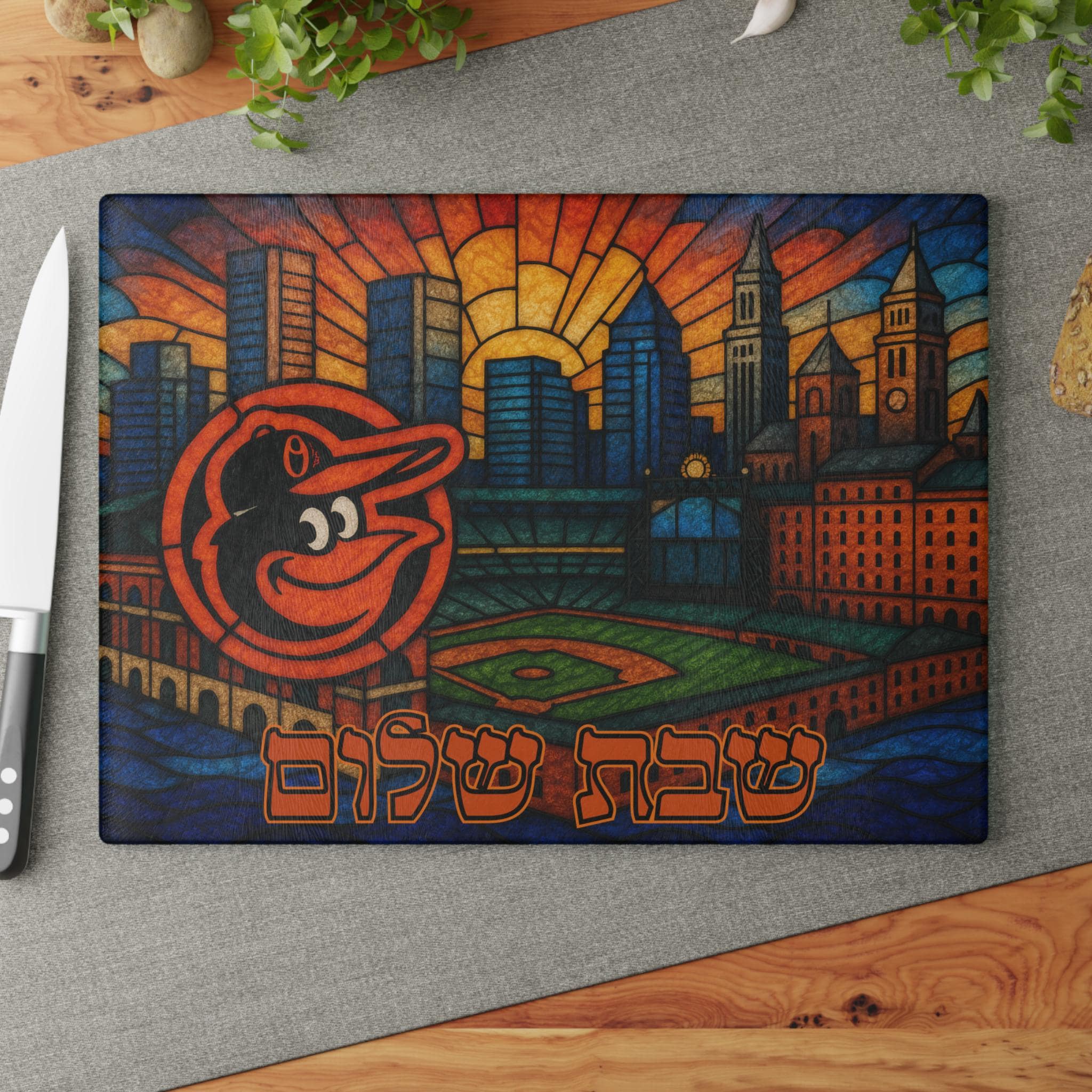 Baltimore Orioles Stained Glass Challah Board, Camden Yards Judaica Tray