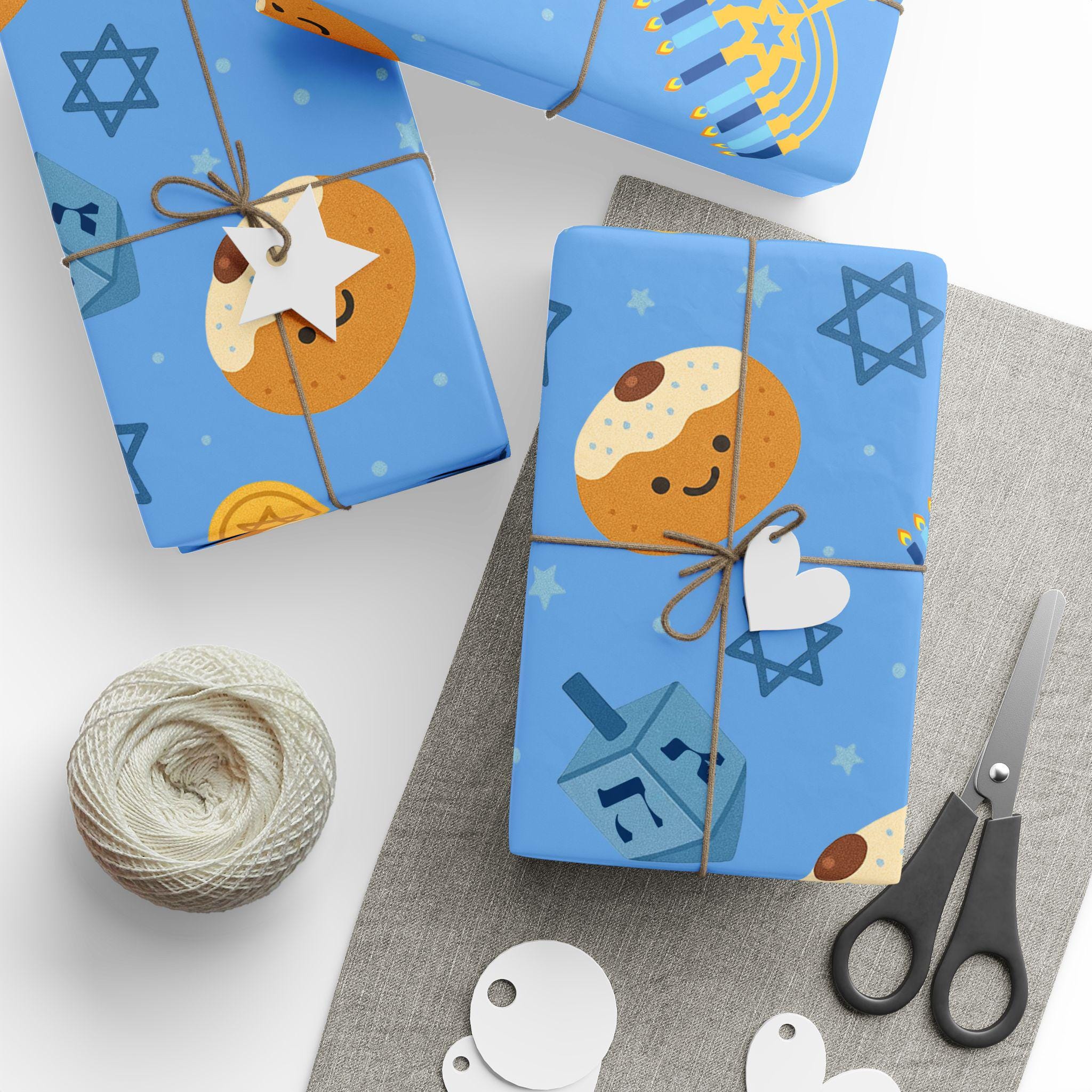 Blue Hanukkah Wrapping Paper, Modern Judaica Gift Wrap, Jewish Holiday Present Packaging